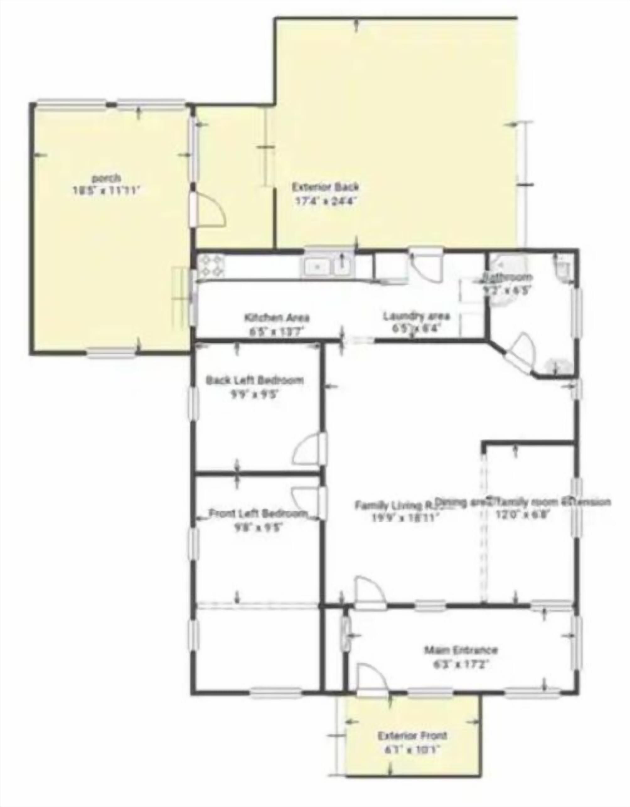 A floor plan with a porch, exterior back, kitchen area, laundry area, back left bedroom, front left bedroom, family living room, main entrance, and exterior front.