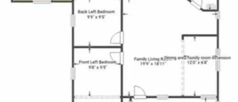 A floor plan with a porch, exterior back, kitchen area, laundry area, back left bedroom, front left bedroom, family living room, main entrance, and exterior front.
