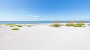 Una playa de arena blanca y vegetación escasa.