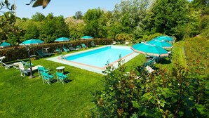 A rectangular swimming pool surrounded by green lawn, with several turquoise umbrellas and lounge chairs. - Dimora Dayan - Nine Bedroom Villa, Sleeps 18 (Capannori)