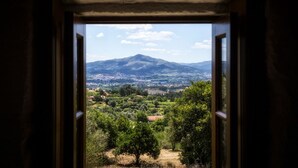 Vista a través de una ventana abierta mostrando un paisaje montañoso con árboles y un sendero.