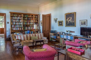 Télévision, cheminée, lecteur de DVD, baby-foot