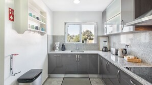 Une cuisine moderne avec des meubles gris, un plan de travail en granit, une fenêtre offrant une belle vue et une machine à café.