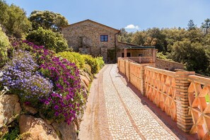 Ein Steinhaus mit einem mit Fliesen belegten Weg, umgeben von üppiger Vegetation und blühenden Pflanzen.