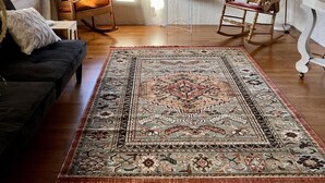 A cozy living room with a ceiling fan, a large rug, and a rocking chair. - Historic Oak Park Residence (Oak Park)