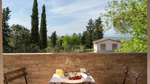Uma mesa posta com uma travessa de fruta, dois copos de vinho branco e recipientes com petiscos num terraço com vista para árvores e um edifício distante.
