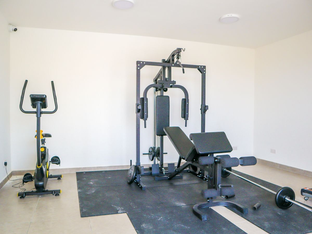 A gym with a stationary bike, a bench press, and a squat rack.