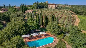 Eine Vogelperspektive auf eine Villa mit Swimmingpool, umgeben von üppiger Vegetation und Weinbergen.