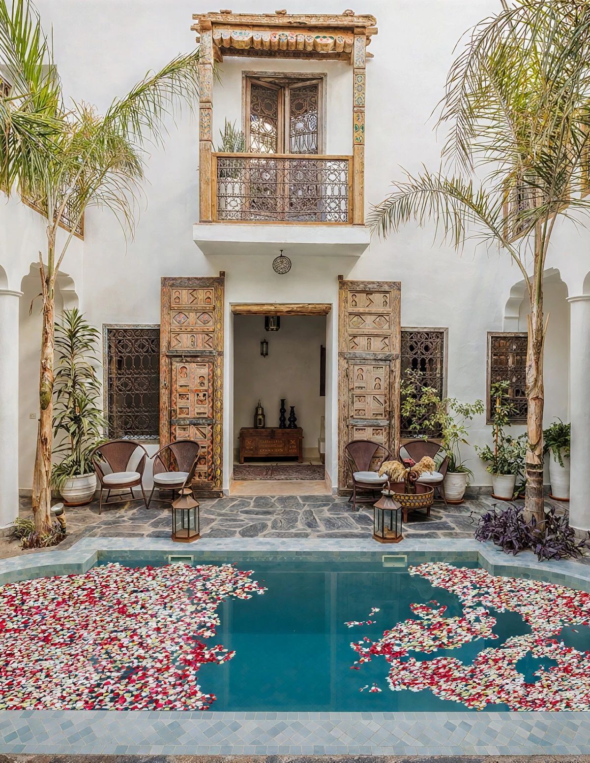 A courtyard with a pool, two wooden doors, and a small seating area with chairs and a dog.