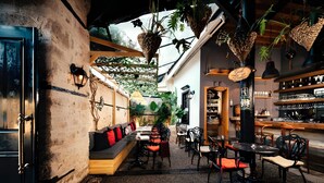 Un restaurante interior con pared de piedra rústica, asientos de madera, plantas colgantes y una zona de bar con estantes llenos de copas.