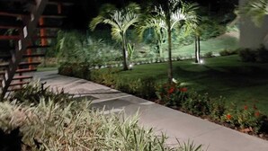 A nighttime view of a landscaped garden with palm trees, a pathway, and a building with a curved roof.