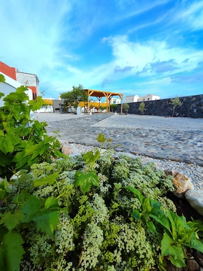 A courtyard with a pergola, cobblestone ground, and greenery.