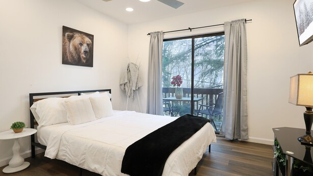 A bedroom with a bed, a ceiling fan, a window with curtains, a small table with a plant, and a picture on the wall. - Escape to Beech Mtn-0.6 mi to Ski Lodge-Walkable (Beech Mountain)