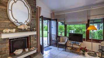 Älytelevisio, takka, kirjoja