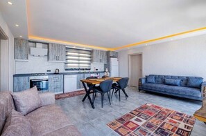 Um apartamento moderno com cozinha, área de refeições e sala de estar.