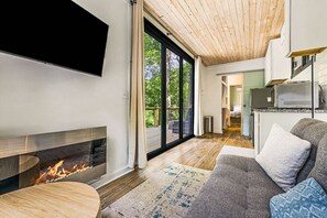 Televisión, chimenea, estéreo