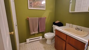 A bathroom with green walls, a white toilet, a beige sink, and a wooden cabinet.