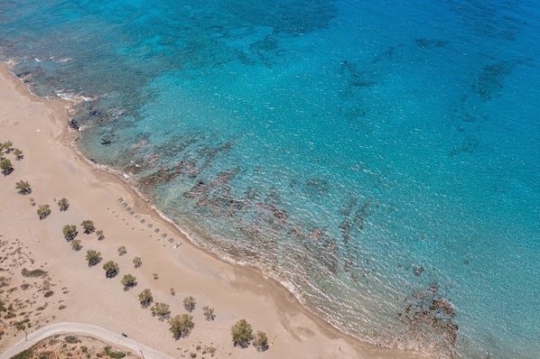 An aerial view of a beach with clear turquoise waters, sandy shore, and sparse vegetation.