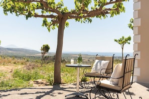 A patio with a metal chair and table, a tree, and a view of the countryside.