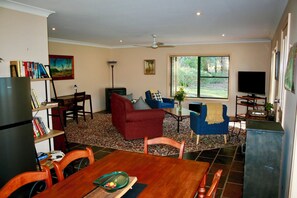 Televisio, takka, DVD-soitin, stereot