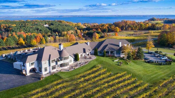 Un vaste domaine comprenant plusieurs bâtiments, un vignoble et offrant une vue sur un lac et une forêt.