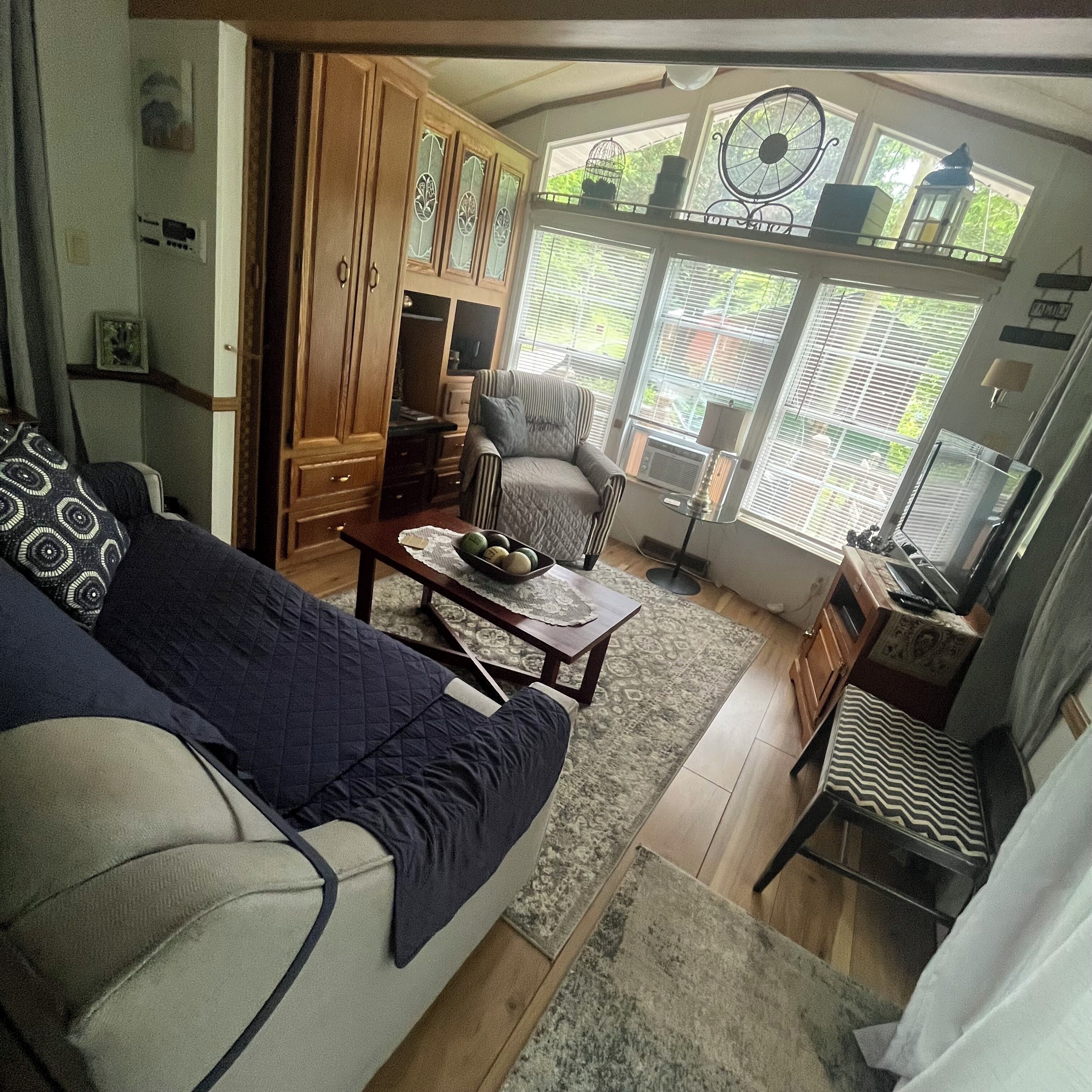 TV, fireplace, DVD player, books