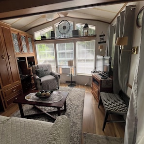 TV, fireplace, DVD player, books