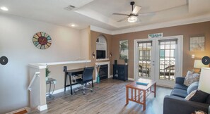 Smart TV, fireplace, DVD player, books