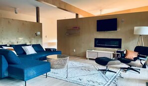 Smart TV, fireplace, video games, DVD player