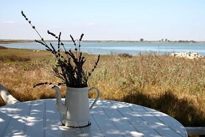 A white ceramic pitcher with a plant on a white table with a view of a lake and grassy area. - Riviera Hotel (Bergrivier)