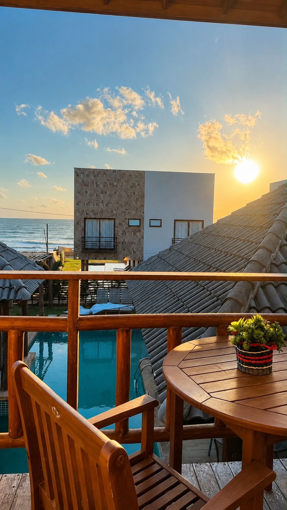 A wooden deck with a pool, a table with a plant, and a view of the ocean and a building with a modern design.