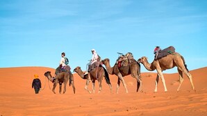 Een groep mensen die op kameel(s) door een woestijn rijdt.