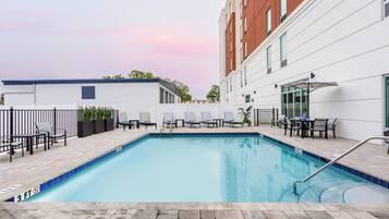 Outdoor pool, pool umbrellas, pool loungers