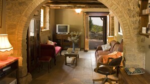 A cozy living room with a stone archway, a television, a fireplace, and comfortable seating. - Panoramic Sea Views Immersed in Nature Quiet Peaceful Private Villa Retreat (Toscana)