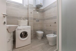Shower, hair dryer, bidet, towels