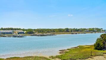 A coastal view with a pier extending into calm waters, surrounded by greenery and buildings in the background.