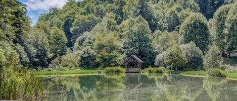 Una vista tranquila de un lago con una cabaña de madera, abundante vegetación y un muro de piedra.