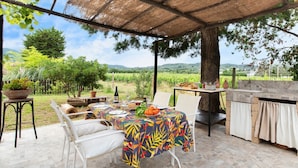 An outdoor patio with a table set for dining, a grill, and a view of a vineyard. - Art Beds & Garden 9 beds between the sea, thermal baths, and the Tuscan countrys (Suvereto)