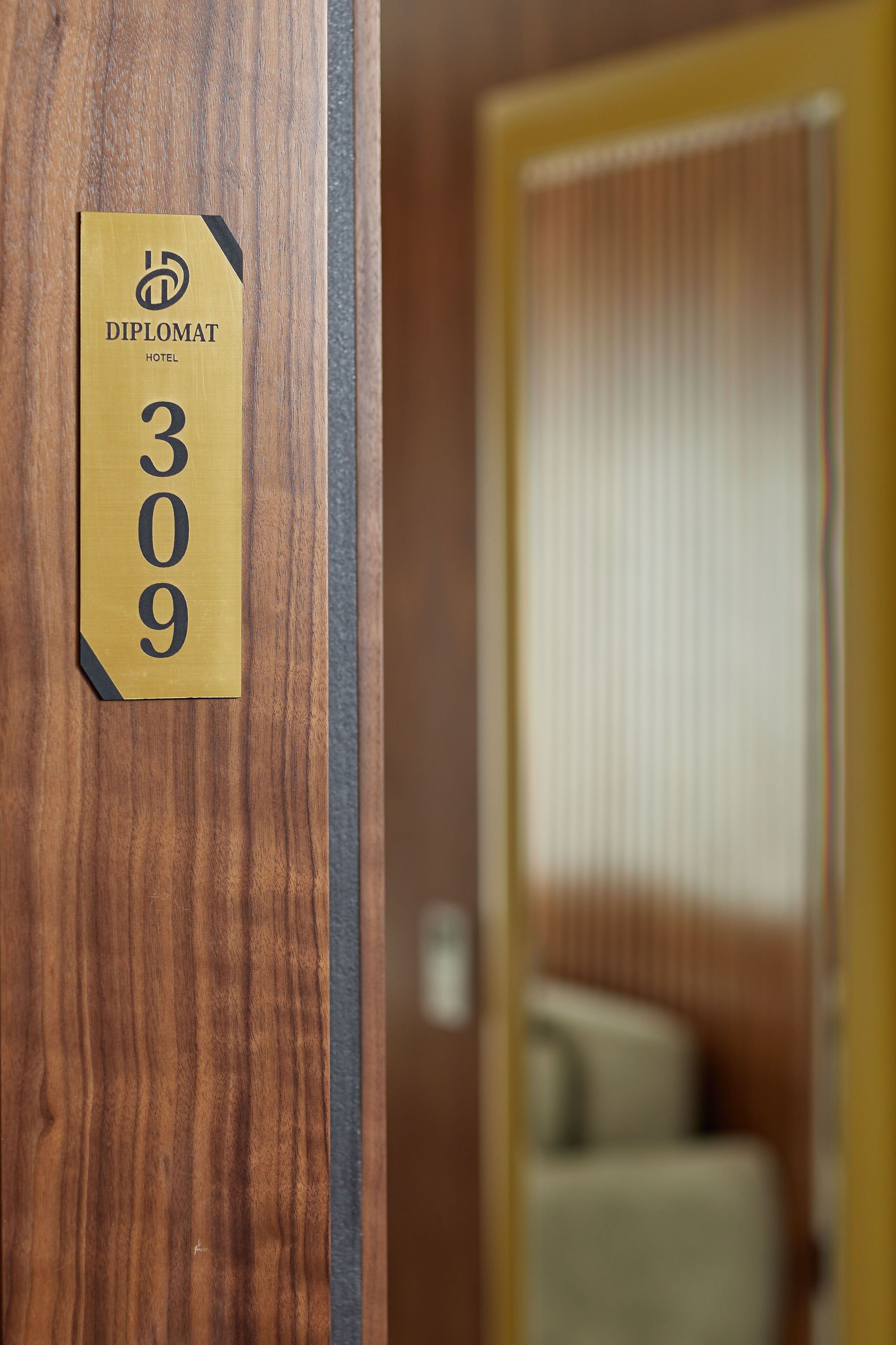 A wooden door with a room number sign indicating room 309 at the Diplomat Hotel.