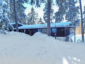 A cabin surrounded by snow-covered trees, with a clear sky above. - Pippuriranta by Interhome (Sipoo)
