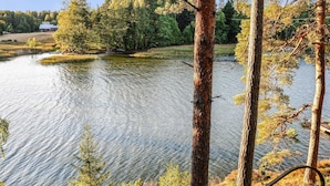 Ein Fluss mit Bäumen und einem Zaun im Vordergrund.