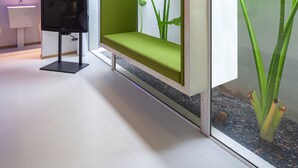 A modern interior with a seating area, a television, and a large window with a plant.