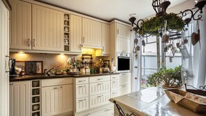 A kitchen with white cabinetry, a countertop with various items, a hanging plant, and a window with a view.