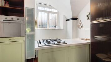 Kühlschrank, Herdplatte, Wasserkocher, Kochgeschirr/Geschirr/Besteck