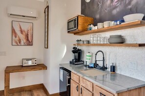 Fridge, microwave, coffee/tea maker, toaster