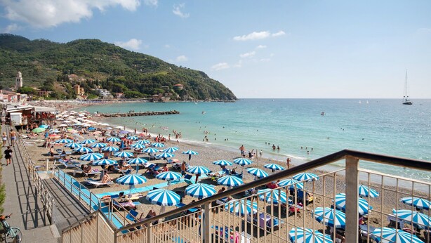 Een strand met veel blauw-witte parasols, een heldere lucht en uitzicht op de zee.