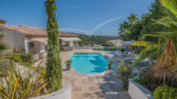Zona de piscina con vista despejada, rodeada de plantas en macetas y sillas de descanso.