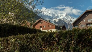 Un chalet de montagne aux murs en bois, entouré d’une végétation luxuriante et avec des montagnes enneigées en toile de fond.