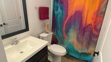 Hair dryer, towels, toilet paper