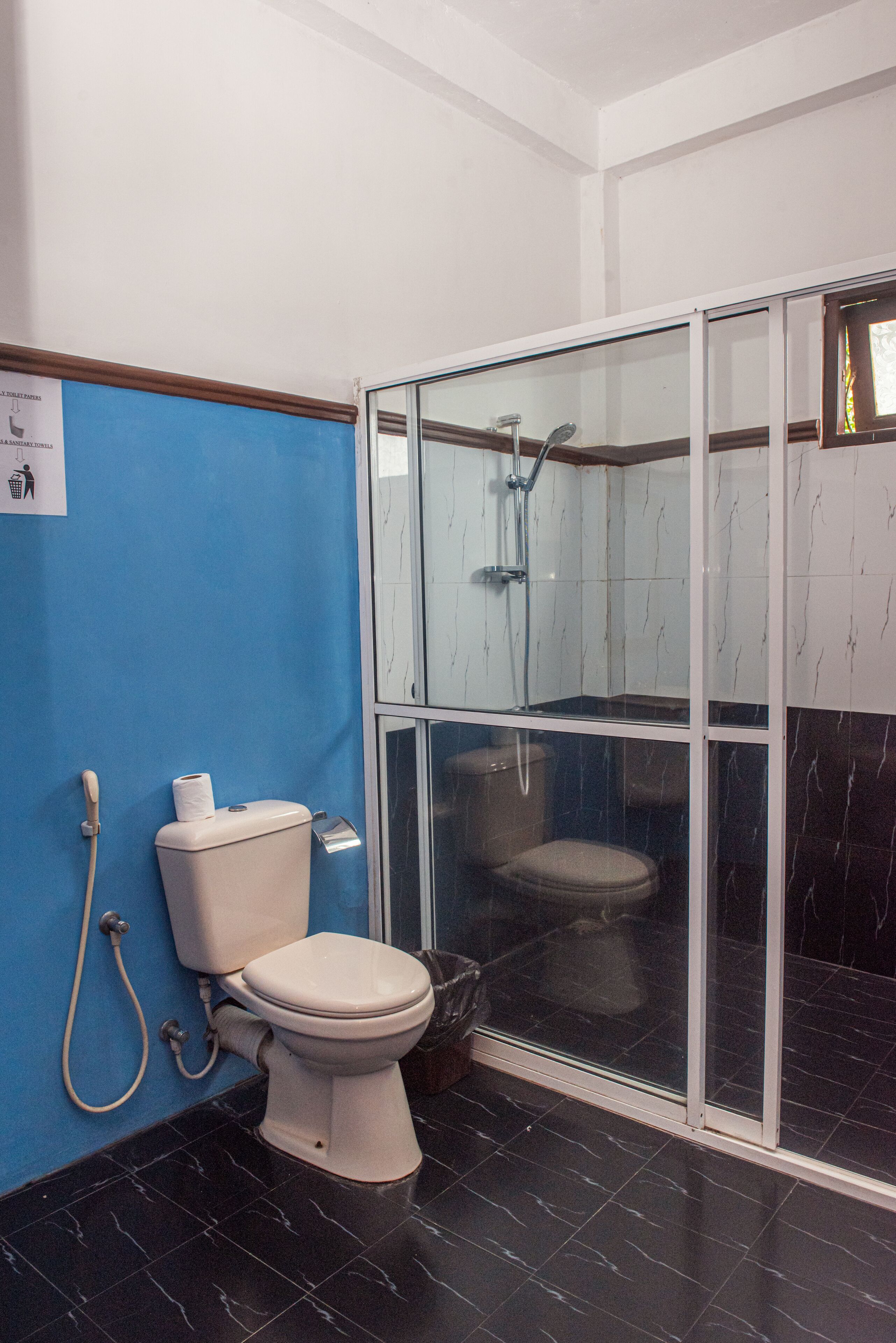 A bathroom with a toilet, a shower enclosure, and a blue wall.